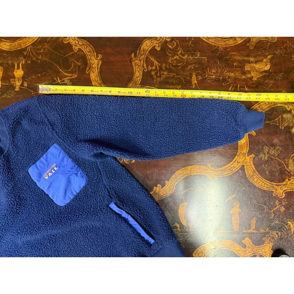 Vintage Vail Navy Blue Sherpa Teddy Fleece Crewneck Pullover Apres Ski Cabin S